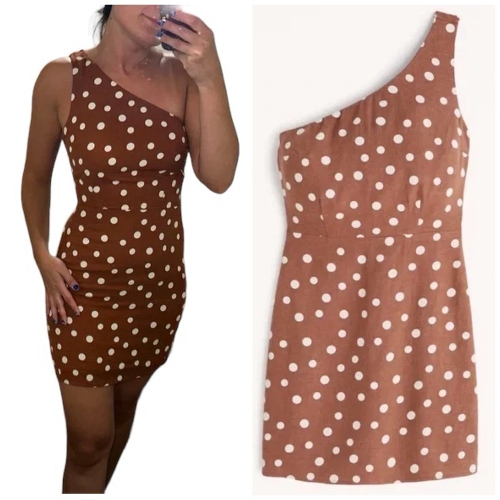 Abercrombie & Fitch One Shoulder Linen Blend Polka Dot Mini Dress